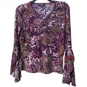 Join Me Vintage Women's Purple Paisley Top Cheetah V-Neck Long Sleeve - Size L